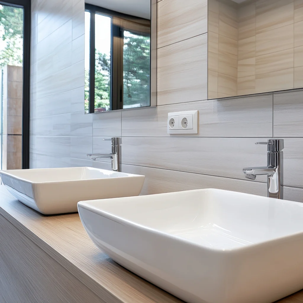 A bathroom with two sinks and a large window